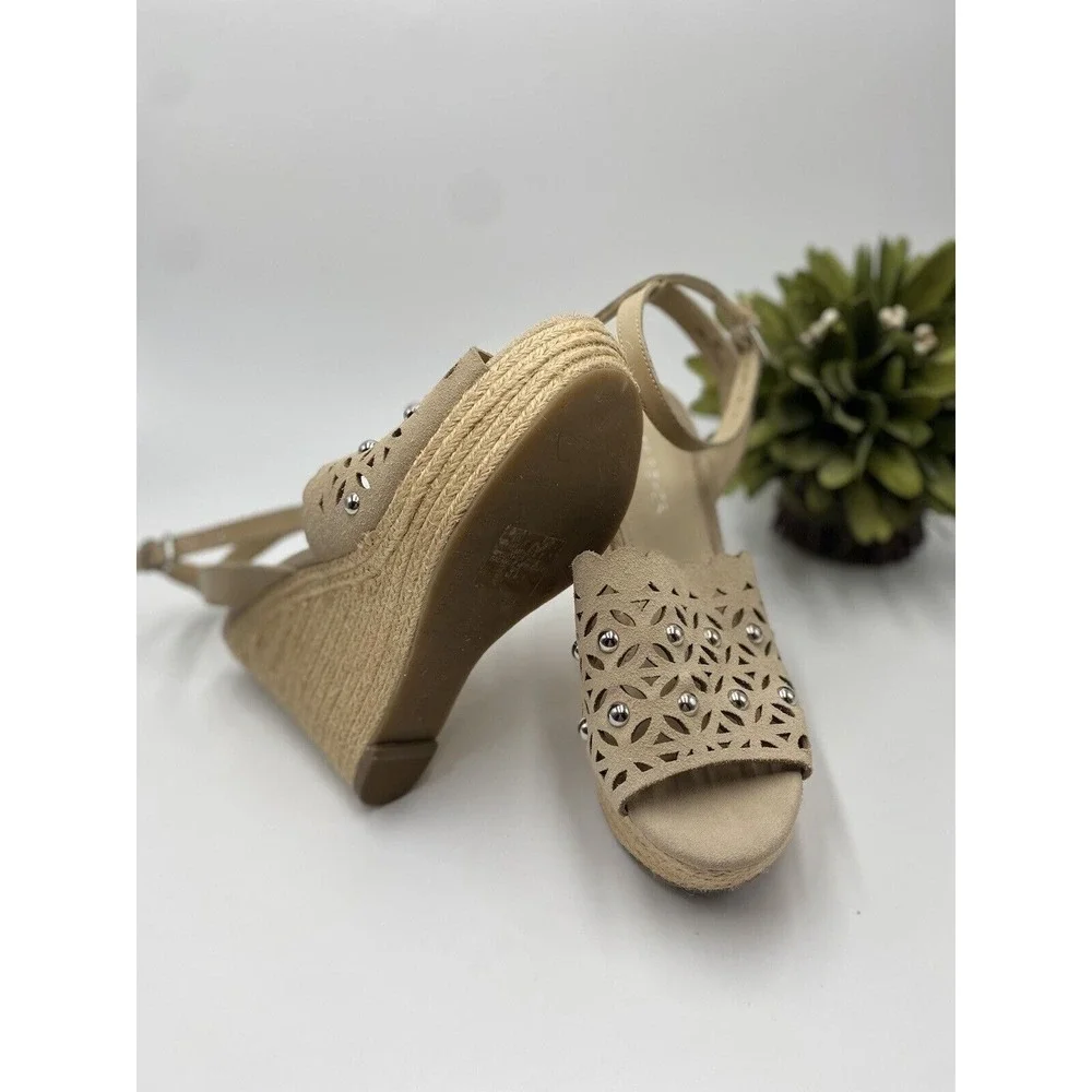 Marc Fisher LTD Women's Nude Tan Hata Cutout Espadrille Wedge Sandal‎ Sz 6/36.5
